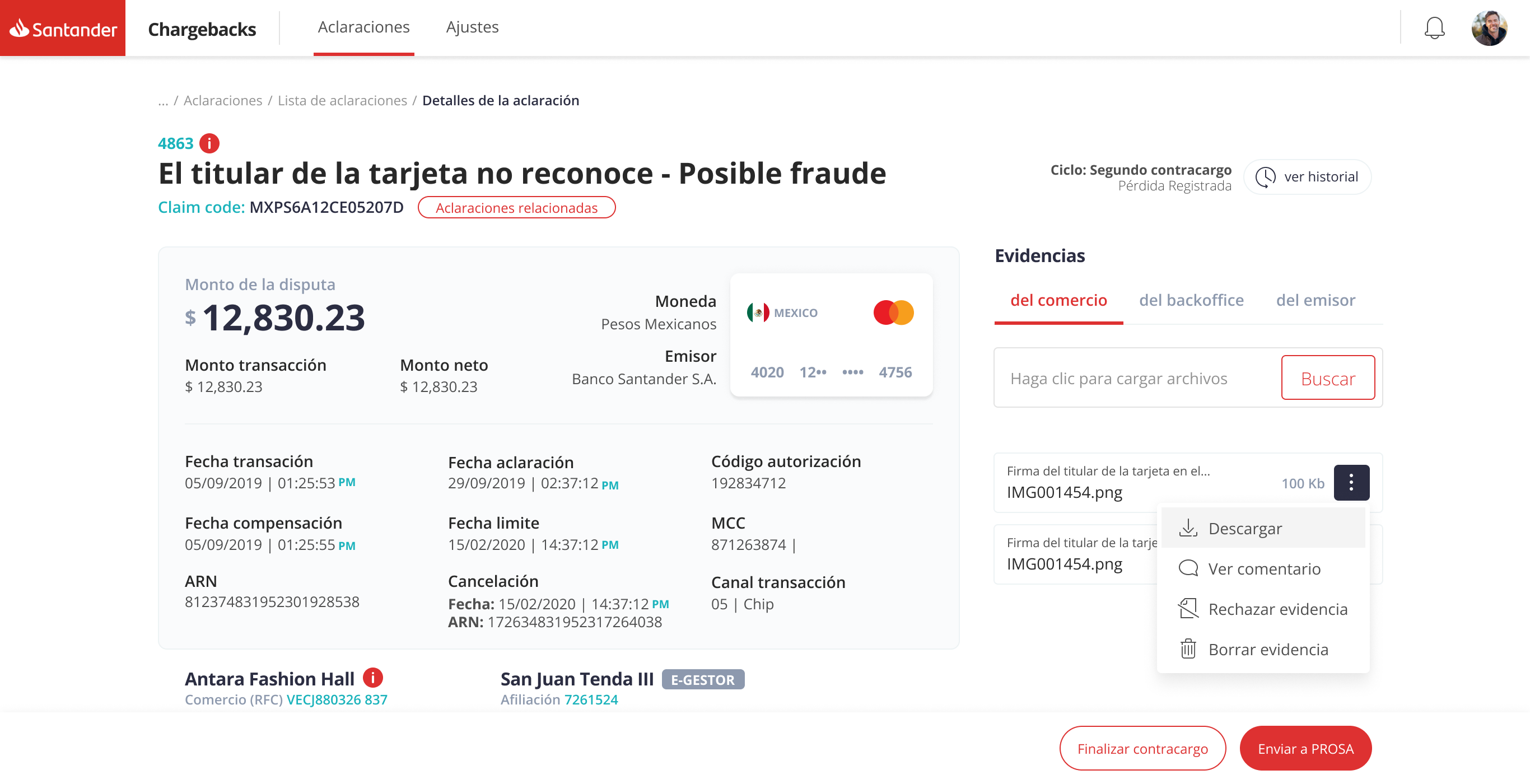 Chargeback detail view
